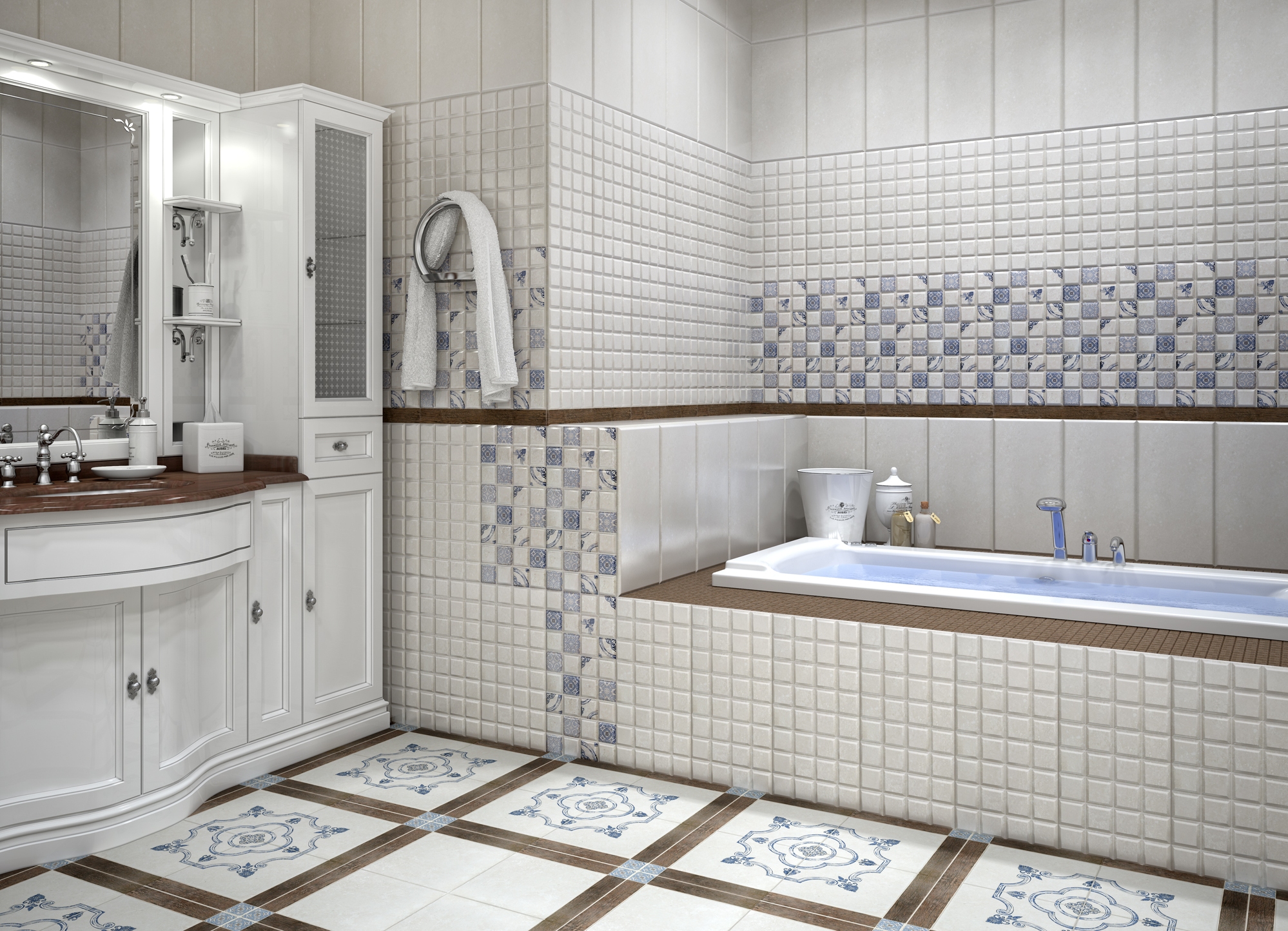 Большая ванная комната с отделкой кафельной плиткой разной текстуры 