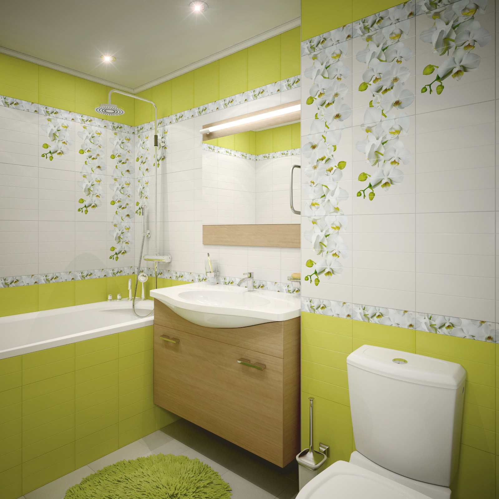 Кафельная плитка с рисунком цветов для ванной комнаты в зеленом цвете 