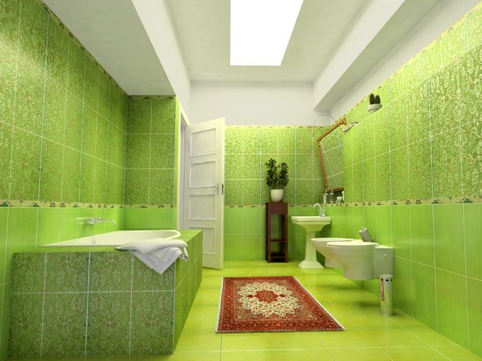Выбираем правильный коврик для яркой ванной комнаты в зеленом оттенке 