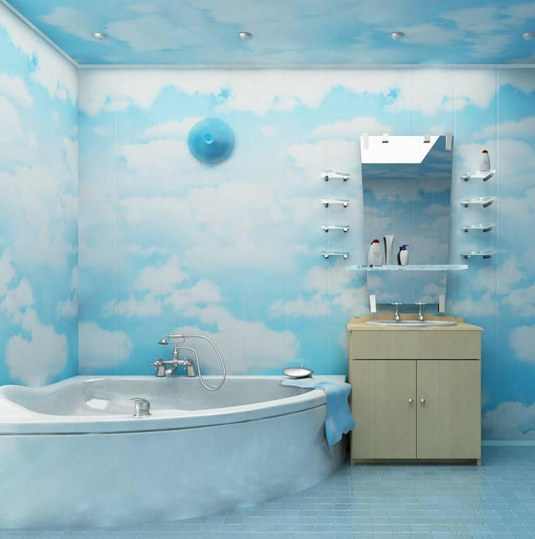 Оригинальный дизайн пластиковых панелей для ванной комнаты голубого цвета 