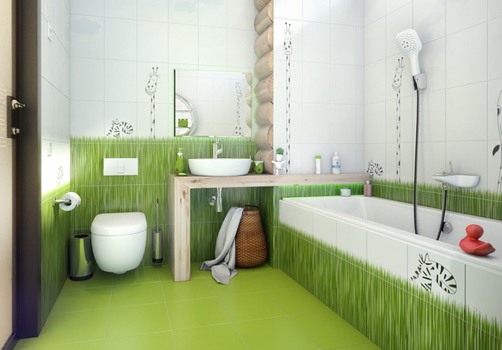 Стильный интерьер ванной комнаты и туалета с нарисованной зеленью