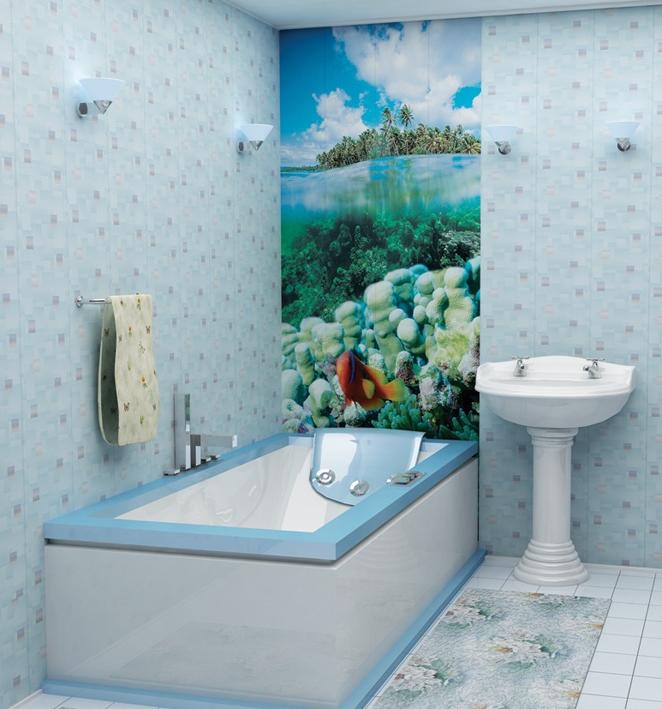 Пластиковые панели с дизайнерской картиной для оригинальной ванной комнаты
