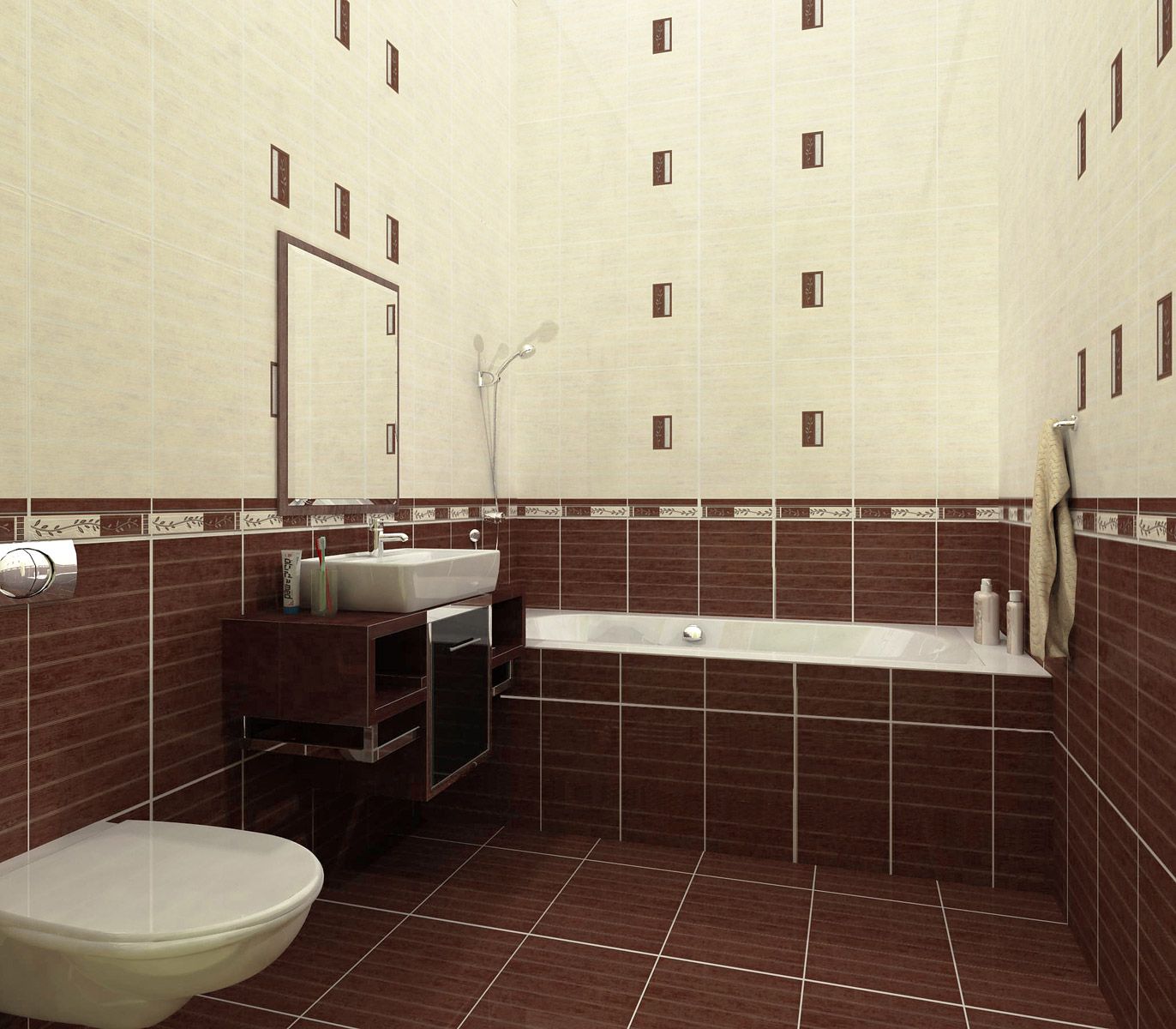 Кафельная плитка коричневого и белого цвета для отделки маленькой ванной комнаты 