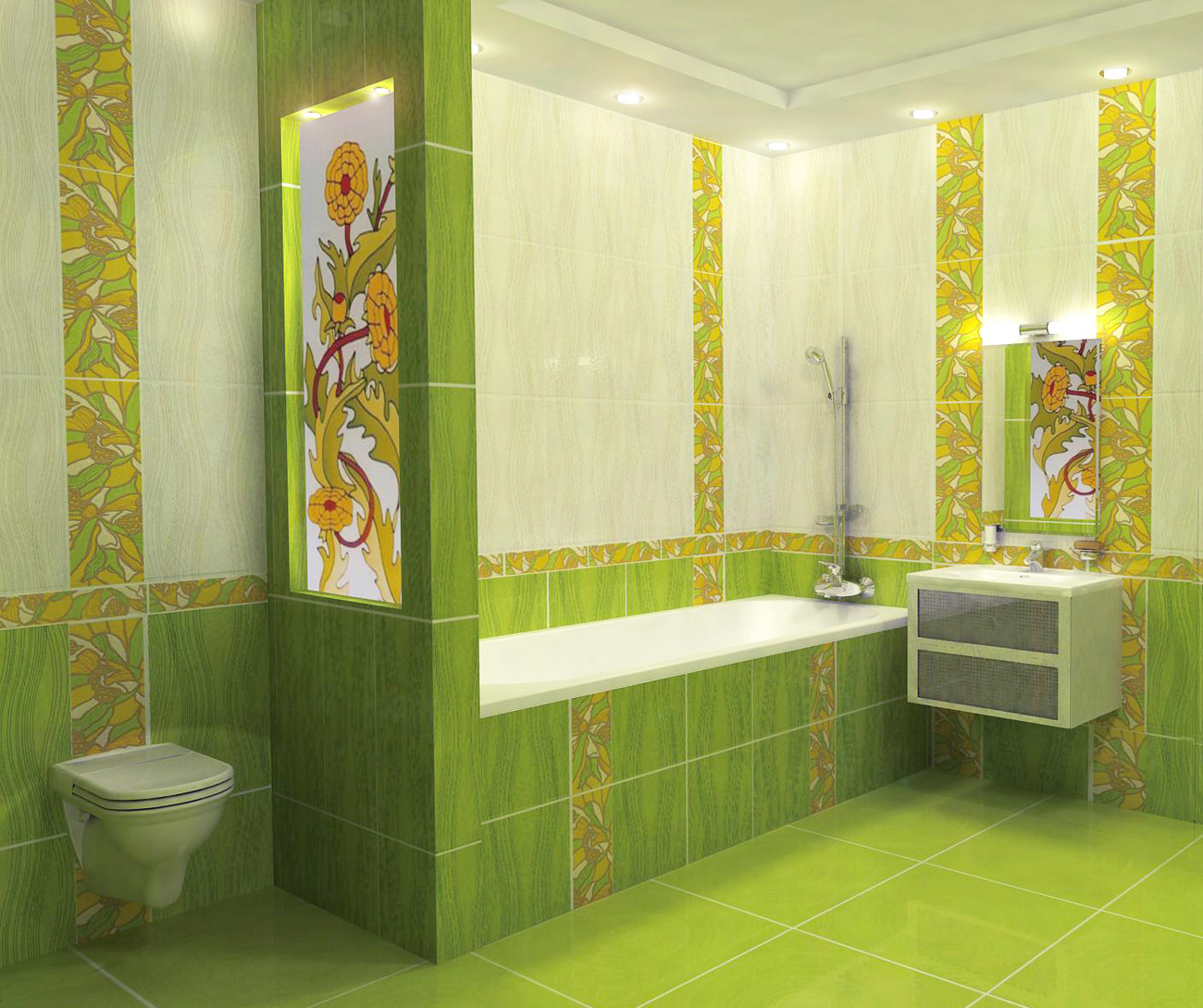 Ванная комната с декором кафельной плиткой в нежных и насыщенных зеленых цветах