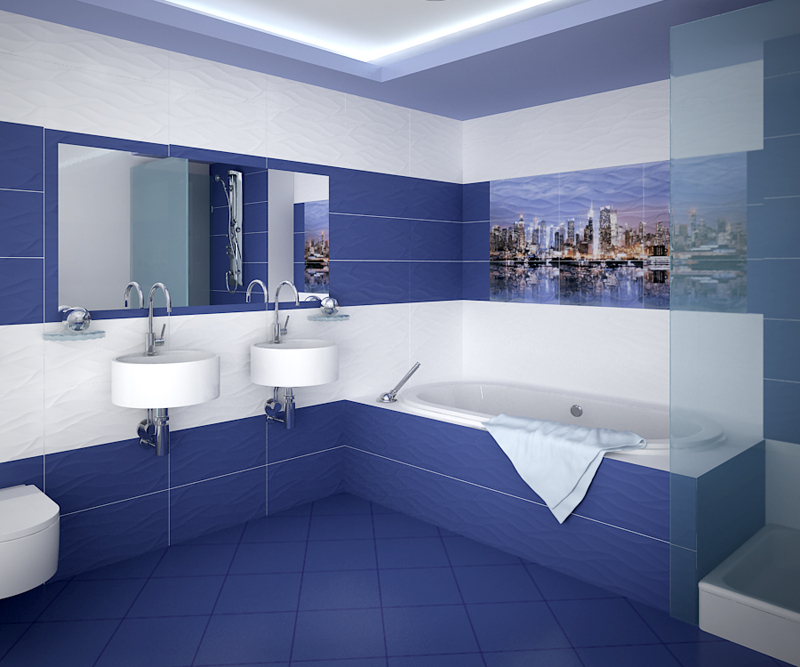 Кафельная плитка насыщенного и глубокого синего цвета для декора ванной комнаты