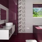 awesome purple white ceramic walls scheme of contemporary bathroom design with floating white painted wooden washbasin which has tempered glass top under rectangle frameless wall mirror
