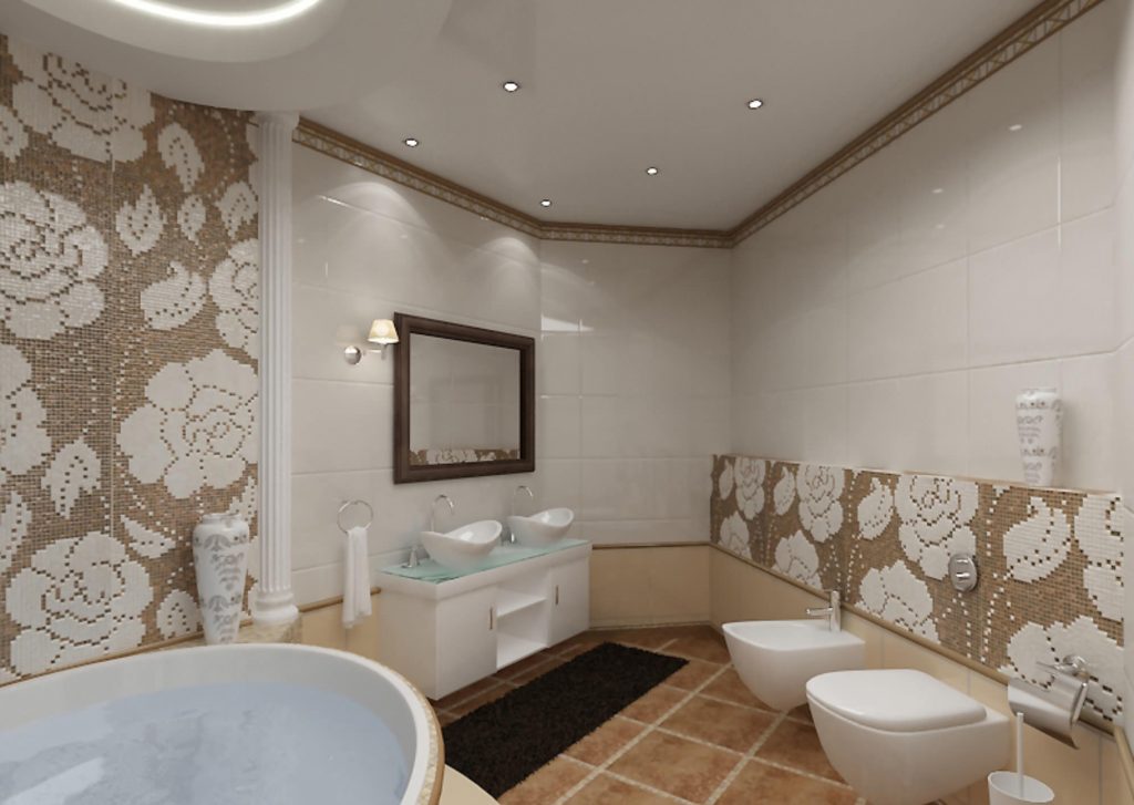 классический натяжной потолок в ванну в белом цвете со светом с необычным дизайном