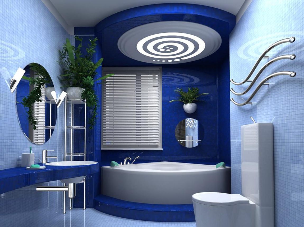 черный натяжной потолок в ванной в синем цвете