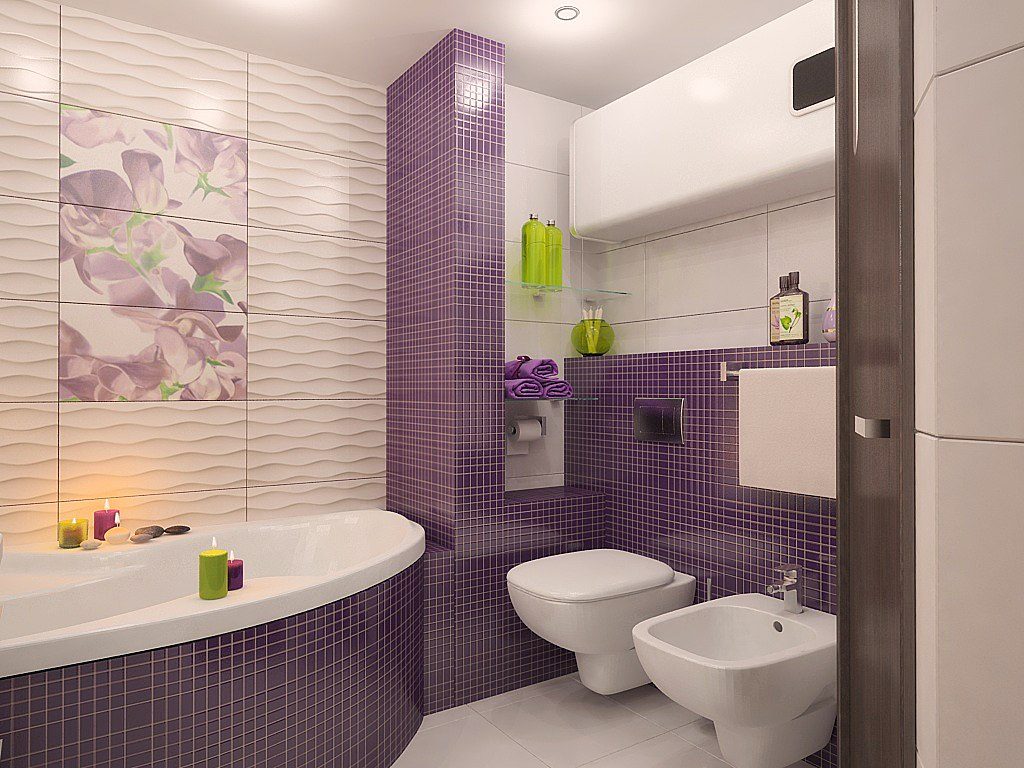 фиолетовая ванная комната с рисунками цветов