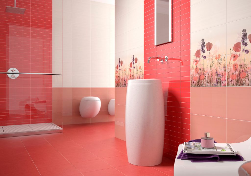 красная ванная комната, плитка для ванной