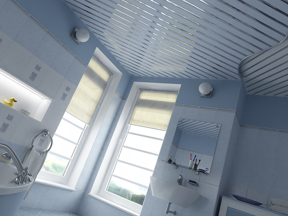 Многоуровневый стильный реечный потолок в ванной комнате 