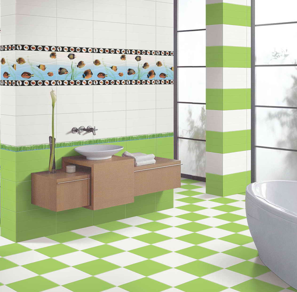 Дизайн плитки в ванной на стене