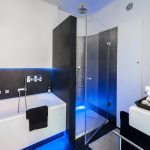 modern black white bathroom neon blue lights