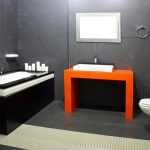 white black bathroom red sink cabinet