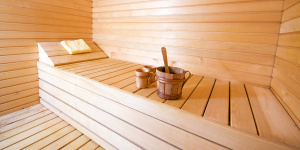 wooden interior of sauna wide angle shoot